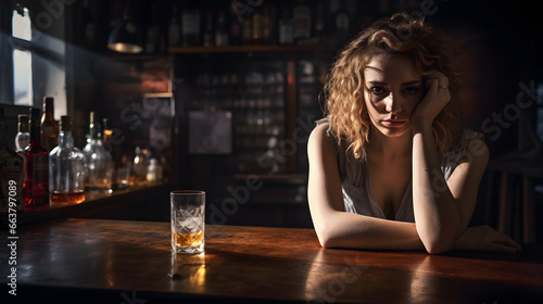 Drunk desperate depressed sad woman sitting in a bar drinking hard liquor out of shot glasses