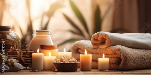 Beautiful spa treatment composition such as Towels, candles, essential oils, Massage Stones on light wooden background. blur living room, natural creams and moisturising Healthy lifestyle photo