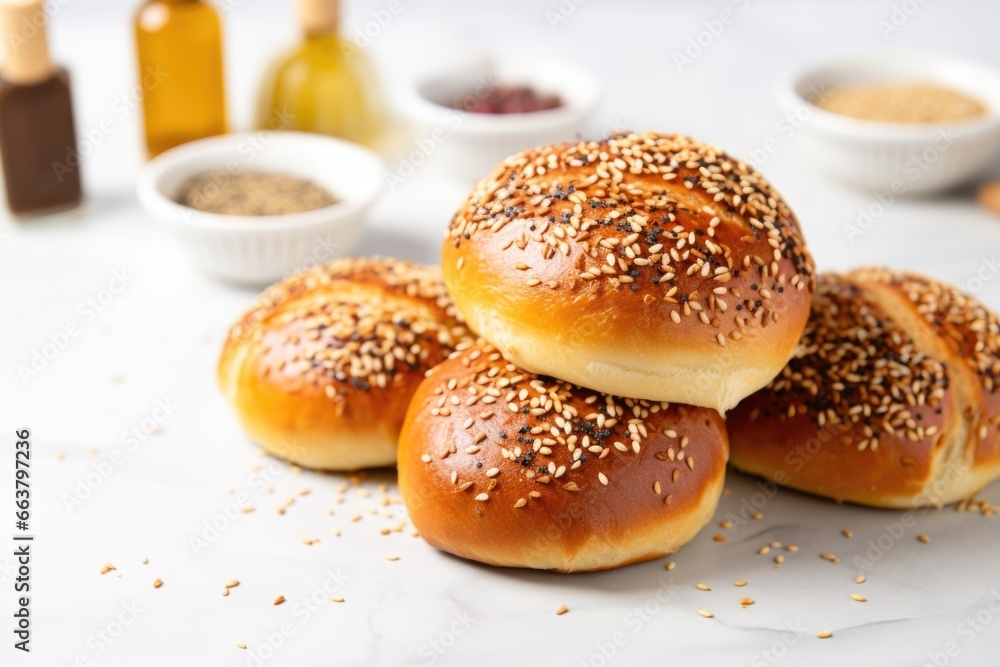 challa bread placed on a white surface with scattered sesame seeds