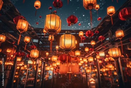 Paper lanterns at Loi Krathong festival in Chiang Mai  Thailand. Chinese lanterns at night in Chinatown