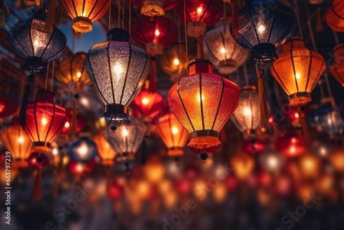 Hanging Chinese lanterns in the night. Hanging lanterns in the night sky  Chiang Mai  Thailand