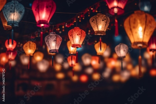 Hanging Chinese lanterns in the night. Hanging lanterns in the night sky, Chiang Mai, Thailand
