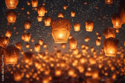 Paper lanterns at Loi Krathong festival in Chiang Mai, Thailand. Chinese lanterns at night in Chinatown