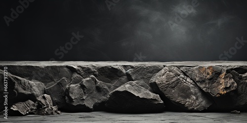 Black white rock stone mountain grunge background. Design. Wall table shelf floor. Product. Stage stand mockup. photo