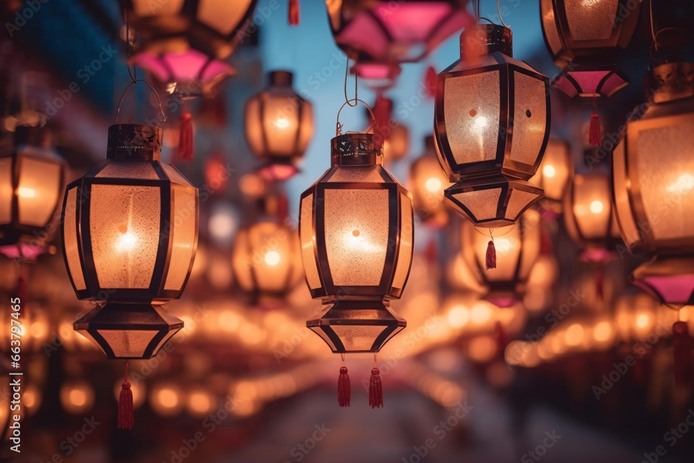 Hanging Chinese lanterns in the night. Hanging lanterns in the night sky, Chiang Mai, Thailand Hanging Chinese lanterns in the night. Hanging lanterns in the night sky, Chiang Mai, Thailand