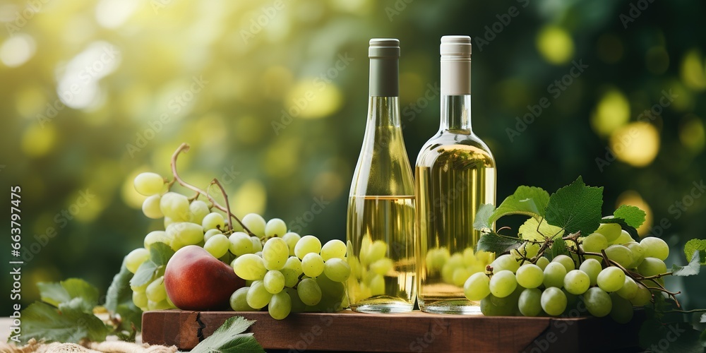Bottle of apple wine with glass, corkscrew and farm apples in a white wooden box on a green background with copy space. Summer Refreshing Low - alcohol fruit drink. Fruit wine.