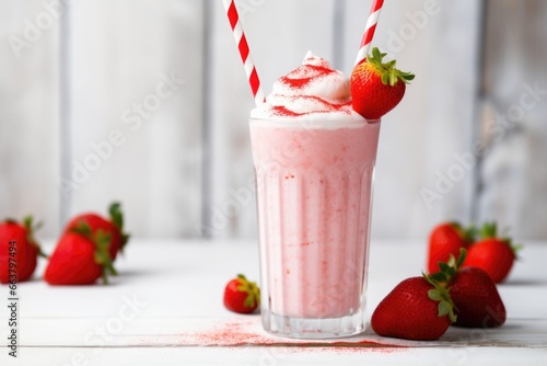 a strawberry shake with a striped paper straw