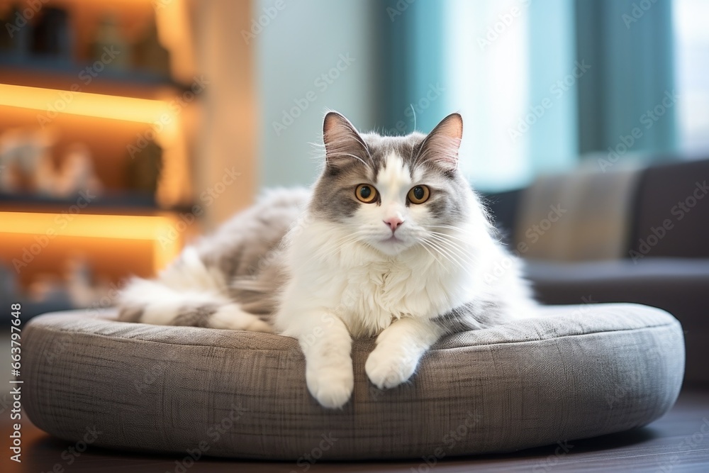 a cat lounging on a high-quality pet bed in a modern hotel room