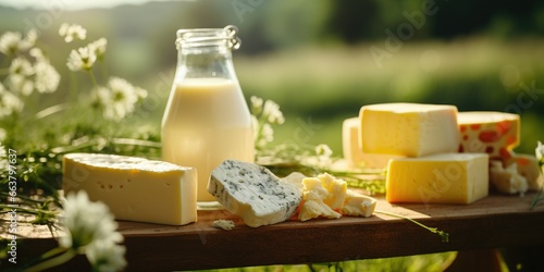 Cheese and a bottle of milk and other dairy products close - up in a meadow, against the background of blurry cows.