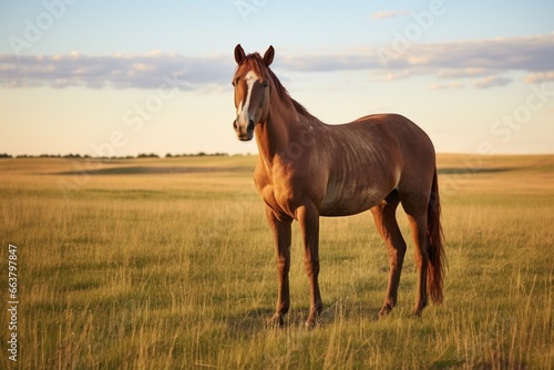 a lone horse standing in an empty pasture