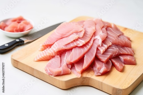 sliced raw tuna on a white board
