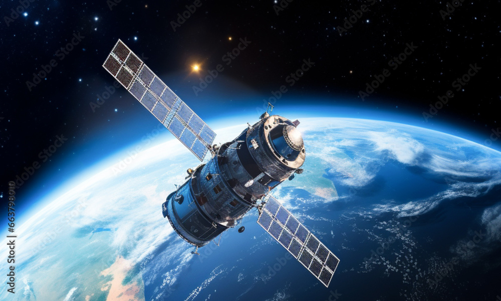 Satellite in space with planet Earth in the background Satellite in space with planet Earth in the background