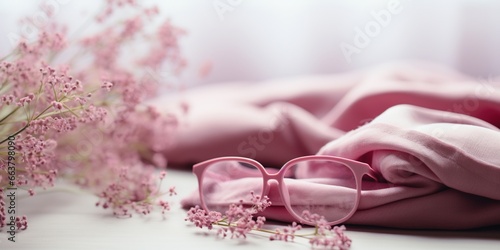 Concept of Good sleep, no depression, me time and self - care. Banner with pink sleeping mask with wild flowers on a white background with copy space. Soft focus style, banner size