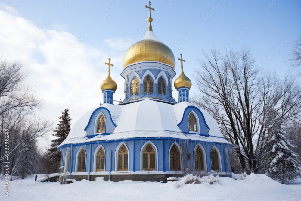 a sapphire dome of an orthodox cathedral in snow