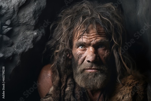 portrait of neanderthal man in stone cave