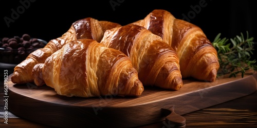 Croissants close - up on a wooden table on a dark background.