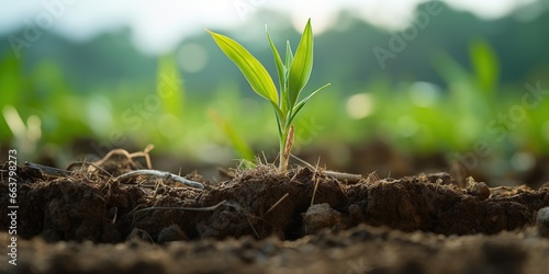 Cultivated sugarcane field, earth day concept, plant in the ground, green world photo