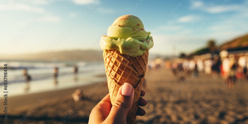 Delicious avocado ice cream cone. Female hand holding natural avocado ice cream in wafer cone on blurred beach background. Healthy dessert. Summer vacations and holidays. FoodTok trend. - obrazy, fototapety, plakaty 