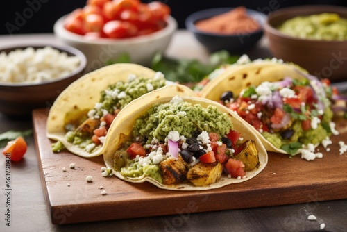 variety of vegetarian tacos topped with guacamole