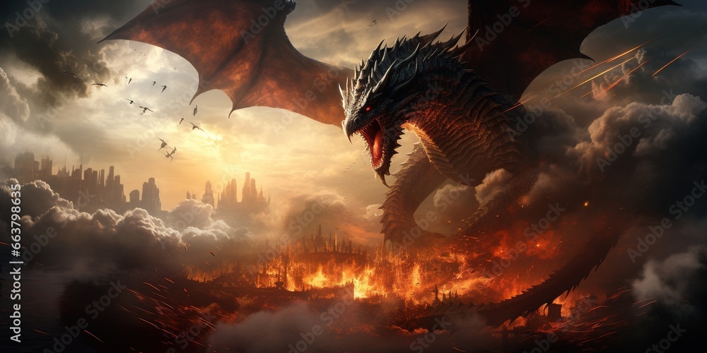 Draw a fantasy battle of dragons in the sky, breathing fire and smoke ...