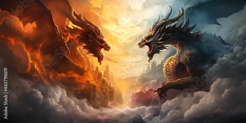 Draw a fantasy battle of dragons in the sky, breathing fire and smoke photo