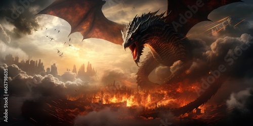 Draw a fantasy battle of dragons in the sky, breathing fire and smoke