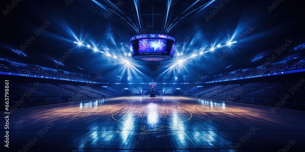 Empty basketball arena, stadium, sports ground with flashlights and fan sits - obrazy, fototapety, plakaty 