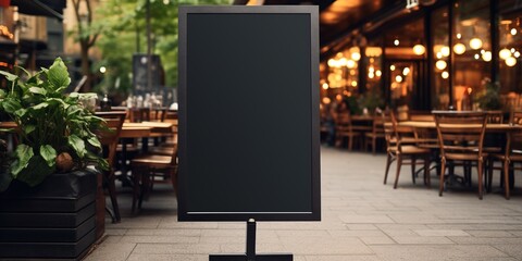 Empty black menu board mockup near restaurant or cafe entrance. Cafe menu on the street, advertising black mockup.
