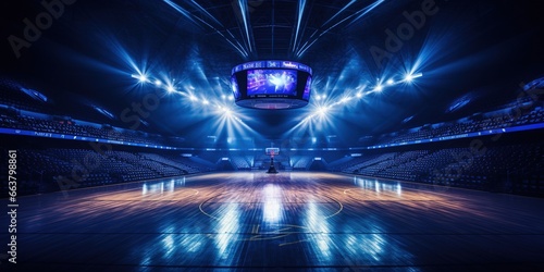 Empty basketball arena, stadium, sports ground with flashlights and fan sits
