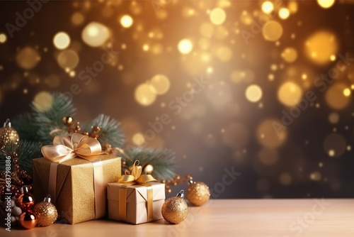 Christmas gifts and decorations on a blurred background with bokeh lights.