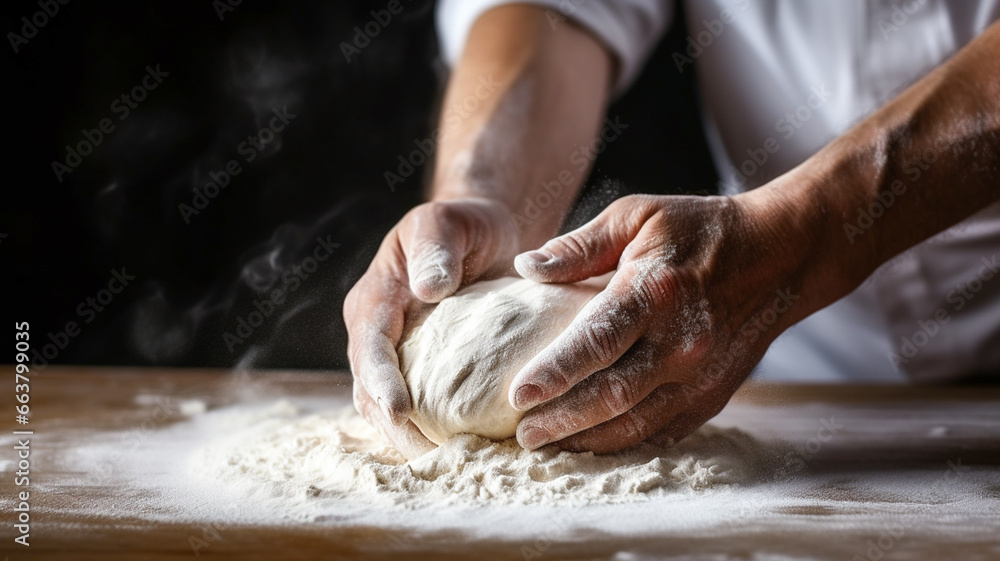 Hands of baker kneading dough isolated on black background. Hands of baker's male knead dough.
