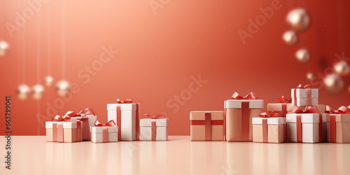 Festive background with gift boxes with place for text. Celebration mock - up with wrapped presents