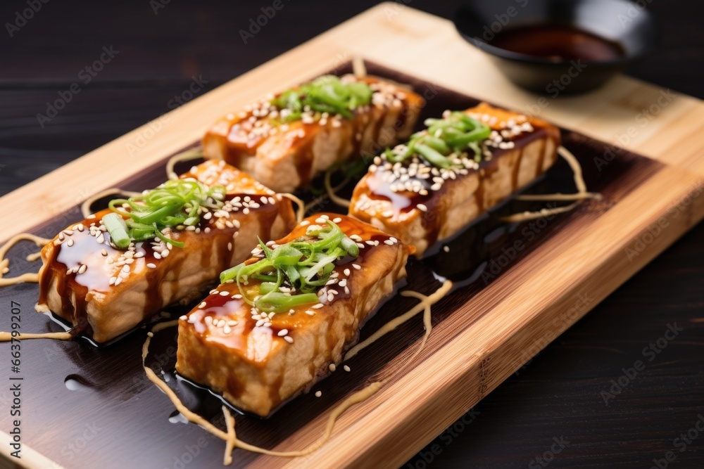 teriyaki tofu steaks on a bamboo serving tray teriyaki tofu steaks on a bamboo serving tray