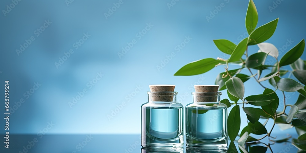Glass cosmetic bottles with organic moisturizing beauty products on glass shelf on blue background with eucalyptus branches. Natural cosmetics based on fermented products. low angle view, soft focus - obrazy, fototapety, plakaty 