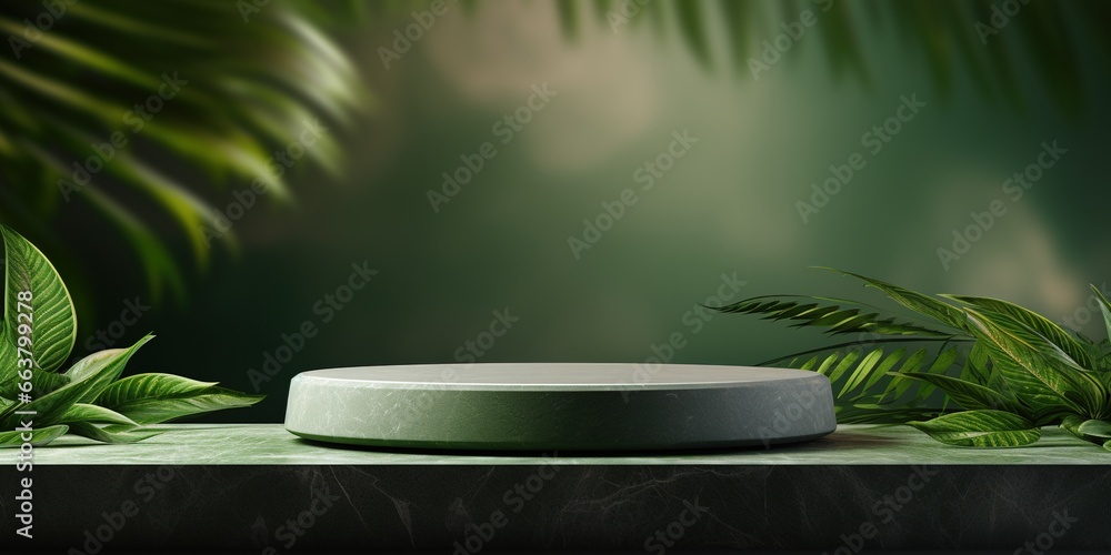 Green background podium product platform for nature beauty cosmetic stage scene. Abstract rock podium pedestal mockup with green leaf shadow. Photography showcase fresh banner.