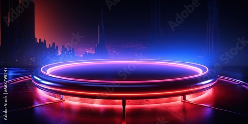 Glowing neon circle with platform with mockup space