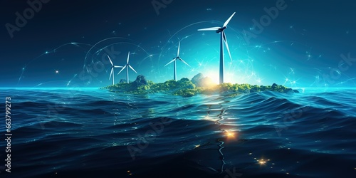 Graphic image of rotating wind generator on the dark blue water surface background. Sustainable wind energy process. Virtual data technology. Green energy production. Mockup photo