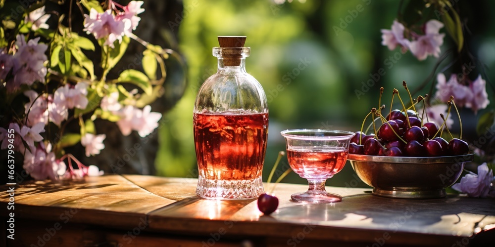 Homemade cherry brandy in glasses and in a bottle on a wooden table in a summer garden Homemade cherry brandy in glasses and in a bottle on a wooden table in a summer garden