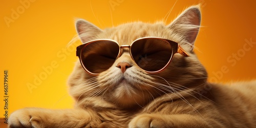 Lazy cat in glasses is resting on a yellow background.
