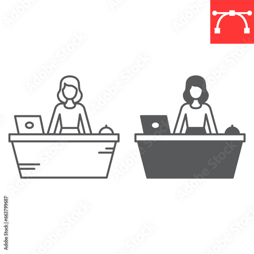Reception line and glyph icon, receptionist and hotel services, customer service desk vector icon, vector graphics, editable stroke outline sign, eps 10.
