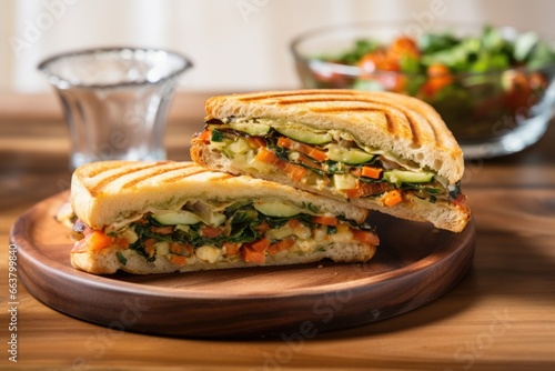veggie-filled toasted sandwich on a glass dish