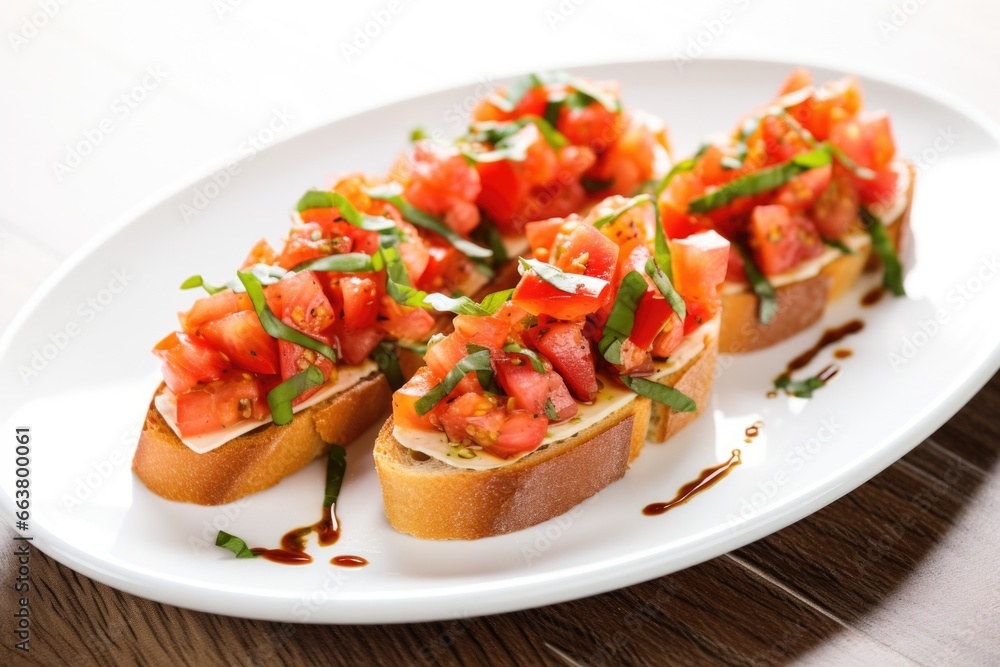 tomato and basil bruschetta on a white ceramic plate