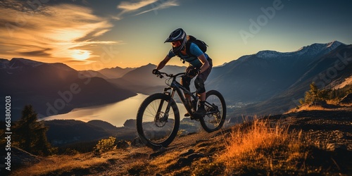 Mountain biking woman riding on bike in summer mountains forest landscape