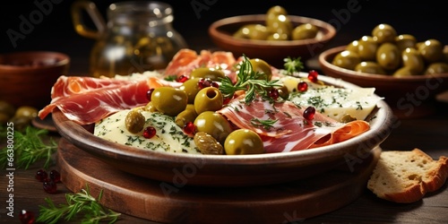 Natural balkan traditional food, Croatian plate. Ham, cheese sprinkled with olive oil with capers in a pickle with olives on a wooden dish on tile table. The perfect appetizer for wine