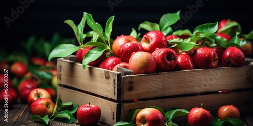 Natural red apples with green leaves in wooden box with label with text 100 percent organic. Concept of new crop and harvest. Seasonal  farm fruits.