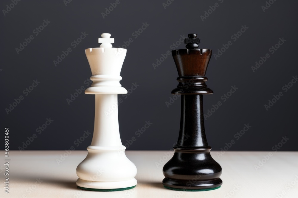 two chess pieces one black, one white standing side by side two chess pieces one black, one white standing side by side