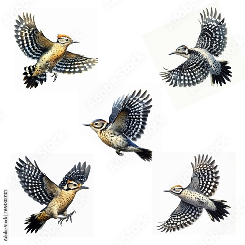 A set of male and female American three-toed woodpeckers flying isolated on a white background