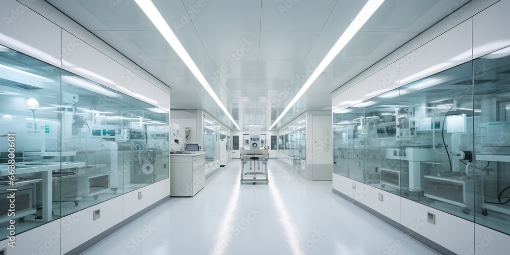 Pharma, pharmaceautical clean room, industrial design for large scale chemical production in controlled sterile conditions - obrazy, fototapety, plakaty 