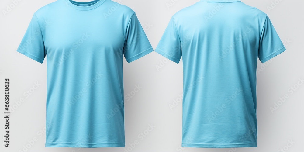Plain light blue t - shirt mockup template, with view, front and back, isolated on transparent background - obrazy, fototapety, plakaty 