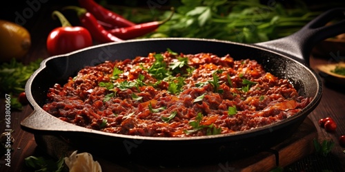 Preparation of bolognese sauce. Bolognese sauce in a frying pan, closeup